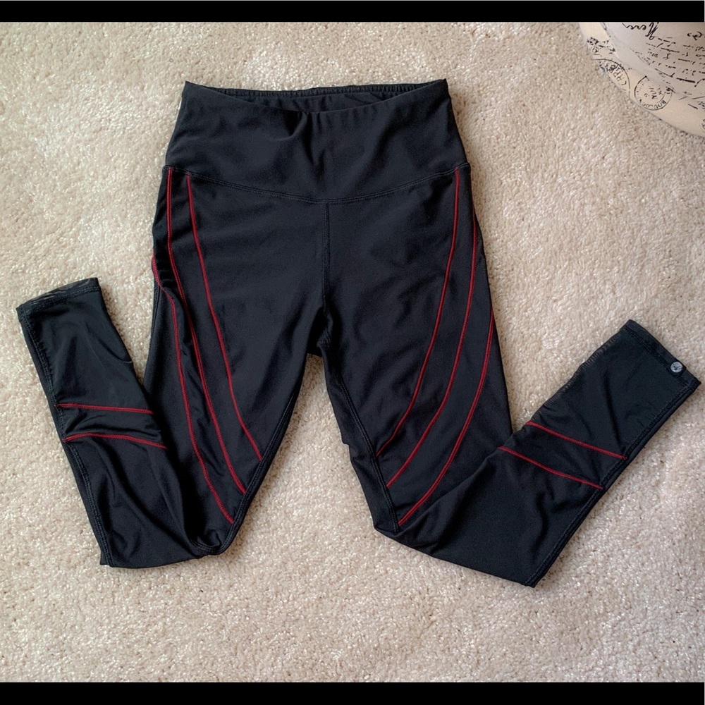 Black Leggings with Red Trim and Mesh Detail